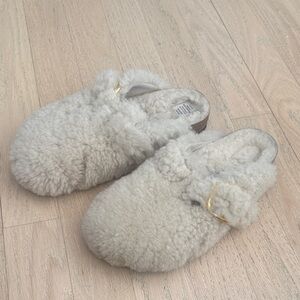 Birkenstock Boston Shearling Slippers with Gold Accent